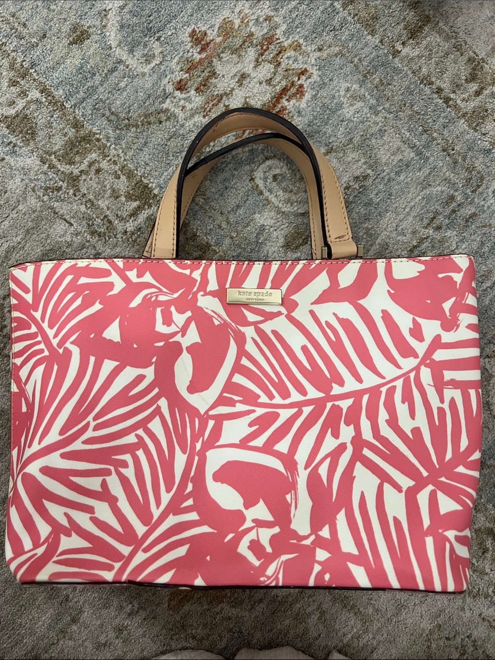 kate spade Coral Pink and White Tropical Tote